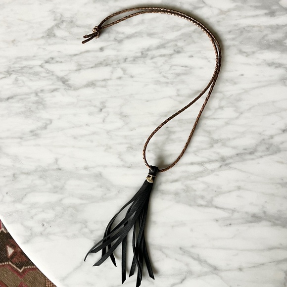 Handcrafted Leather Tassel Necklace with Braided Cord & Brass Eye Charm - Picture 1 of 5